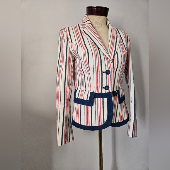 KATHERINE BARCLAY Striped Cotton Women's Blazer -White With Pink And Navy.  XS - Picture 2 of 15